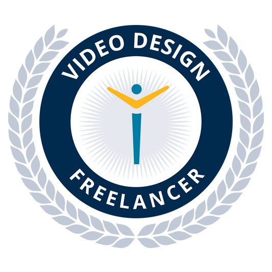 Logo for a video design freelancer with a stylized person and laurel wreath on a white background