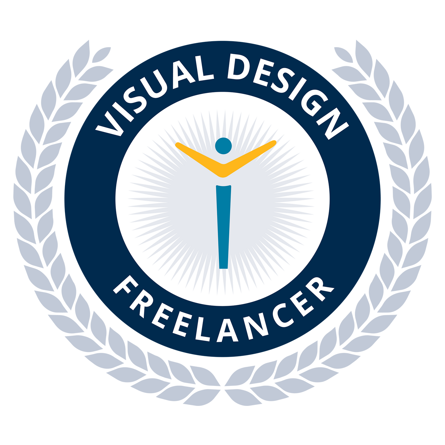 Logo for a visual design freelancer with a stylized figure and laurel wreath on a white background.