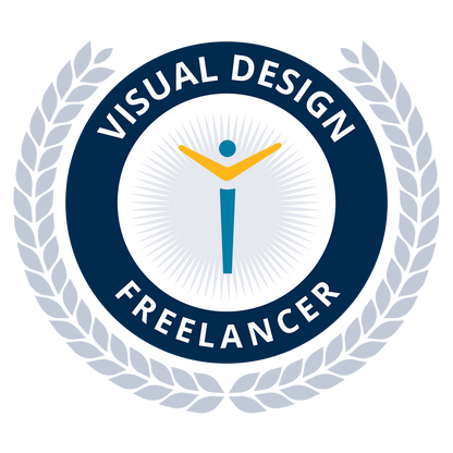 Logo for a visual design freelancer with a stylized figure and laurel wreath on a white background.