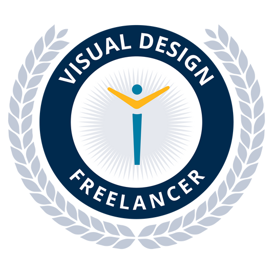Logo for a visual design freelancer with a stylized figure and laurel wreath on a white background.