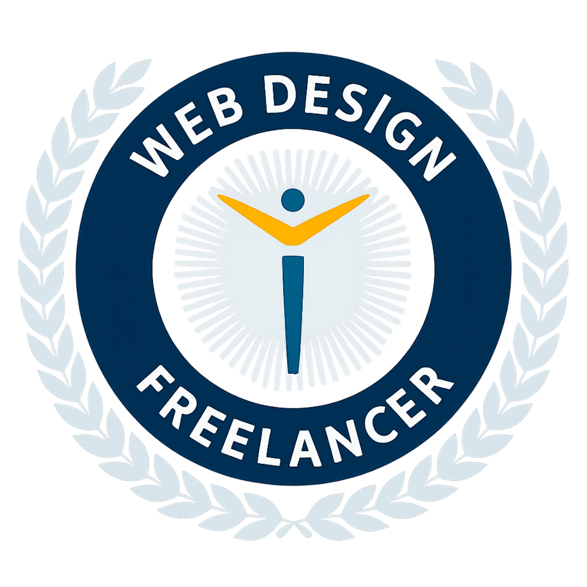 Logo for a web design freelancer with a stylized figure and laurel wreath on a white background.