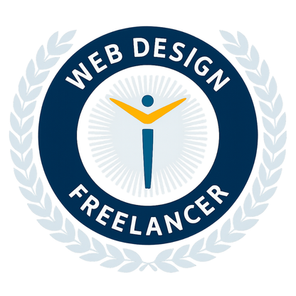 Logo for a web design freelancer with a stylized figure and laurel wreath on a white background.