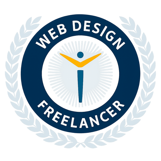 Logo for a web design freelancer with a stylized figure and laurel wreath on a white background.