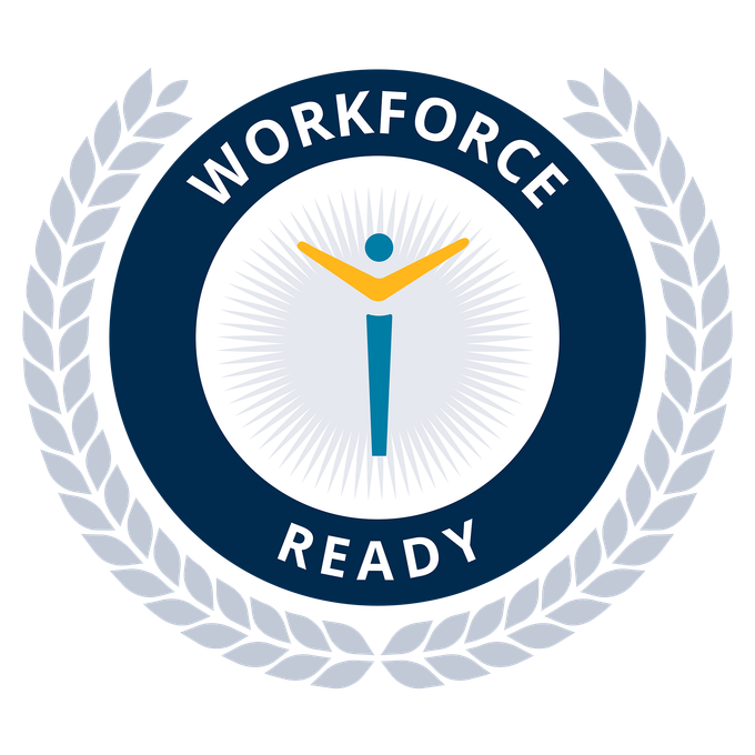 Logo with 'Workforce Ready' text and a stylized figure inside a circular design with laurel wreaths.