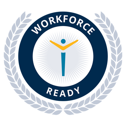 Logo with 'Workforce Ready' text and a stylized figure inside a circular design with laurel wreaths.