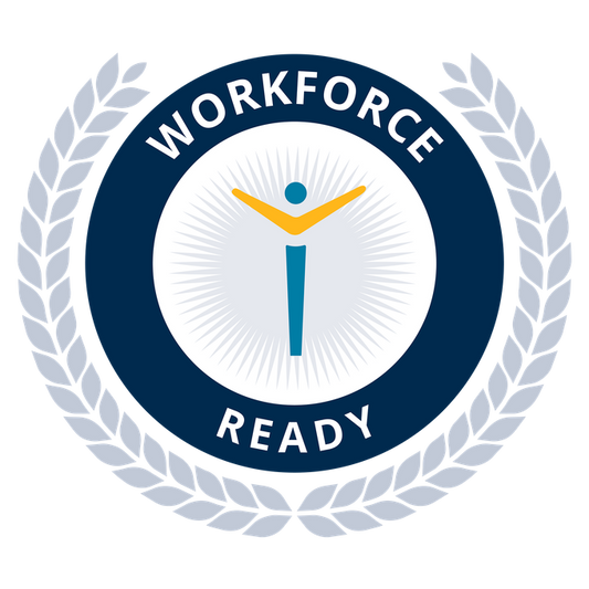 Logo with 'Workforce Ready' text and a stylized figure inside a circular design with laurel wreaths.