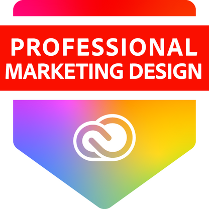 Badge with a red banner at the top displaying the words "Professional Marketing Design" in white text. Below the banner is a shield shape with a gradient background in purple, pink, yellow, green, and blue, featuring a white interlocking loop icon in the center.
