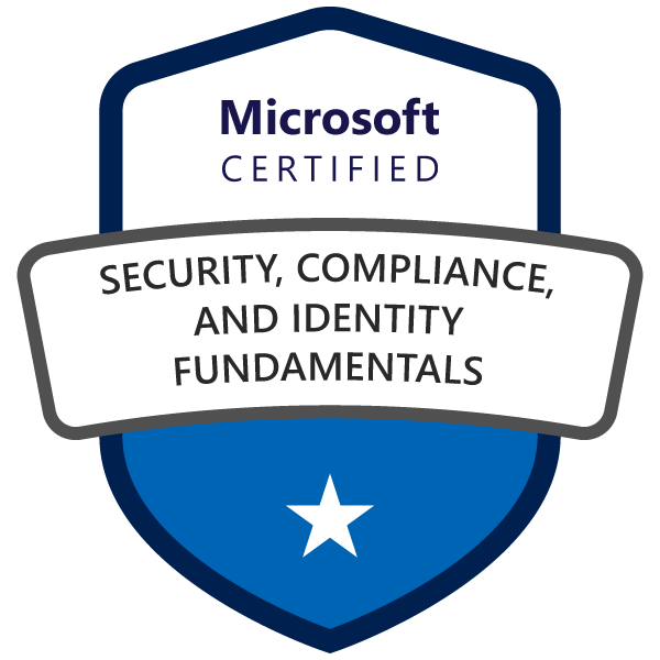 Microsoft Certified Security, Compliance, and Identity Fundamentals badge on a black background